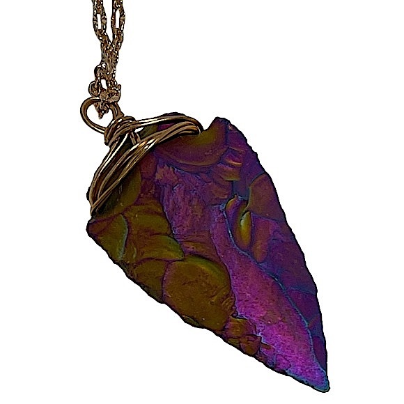 Arrowhead iridescent rainbow wire wrapped pendant necklace on gold chain NEW - Picture 3 of 11